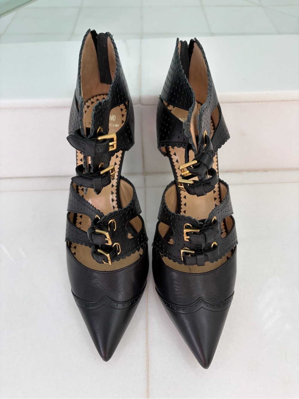 Moschino Black Pointed Toe Multi-Buckle Cutout Heels
